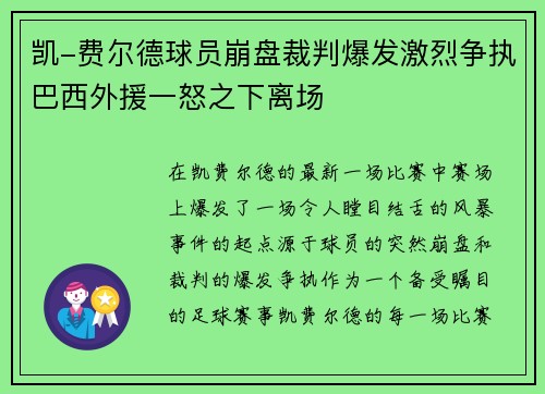 凯-费尔德球员崩盘裁判爆发激烈争执巴西外援一怒之下离场