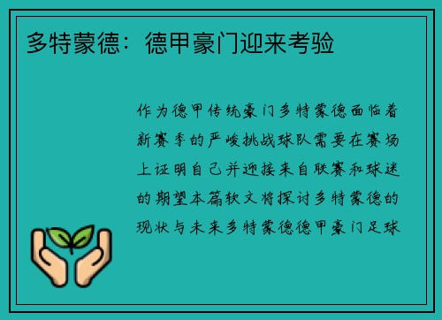 多特蒙德：德甲豪门迎来考验